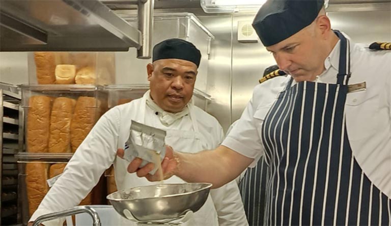Captain Steve James in the bakery on board
